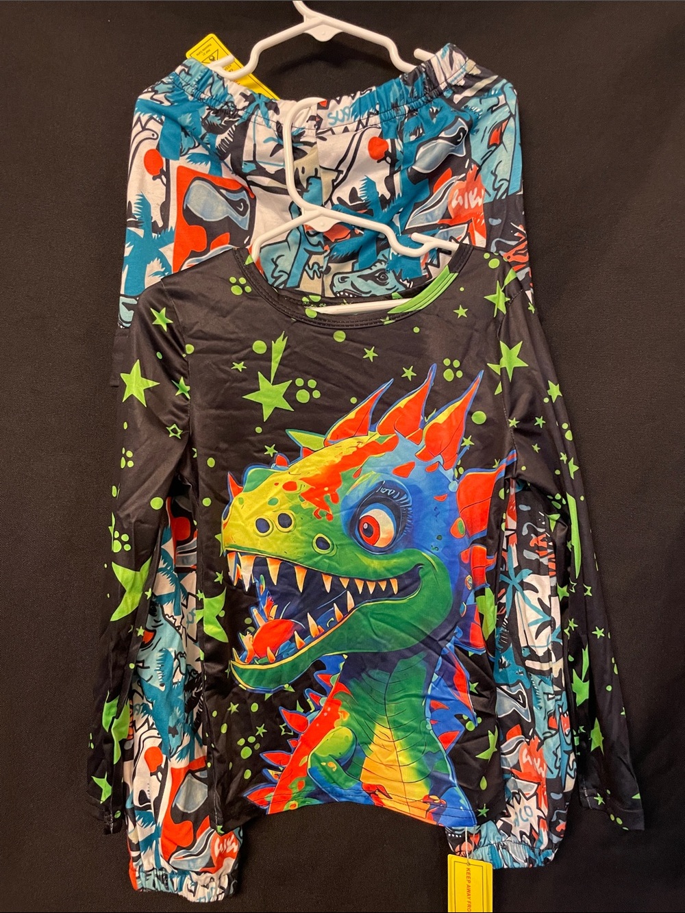 SHEIN Black Kids Dragon Rash Guard with Neon Green, Red and Blue